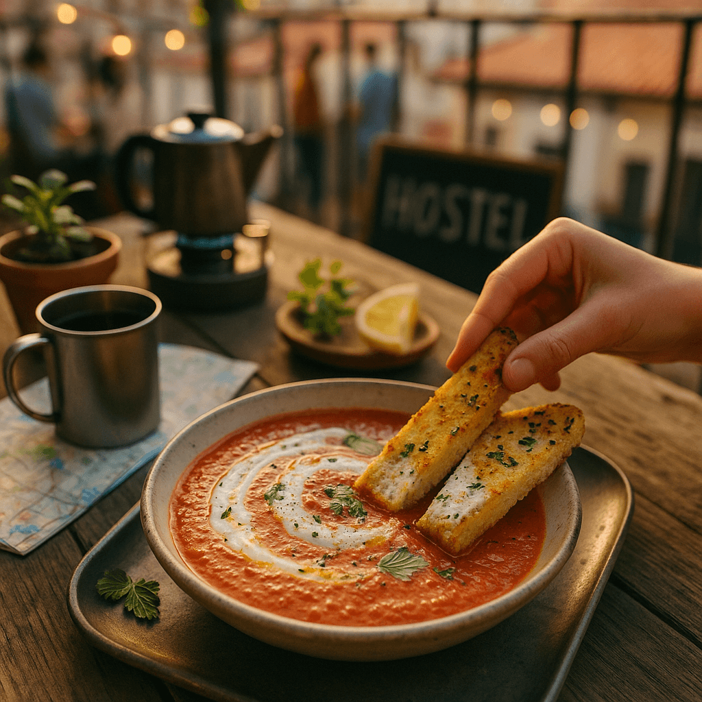 Chilled Roasted Pepper & White Bean Soup with Minted Yogurt Toasts