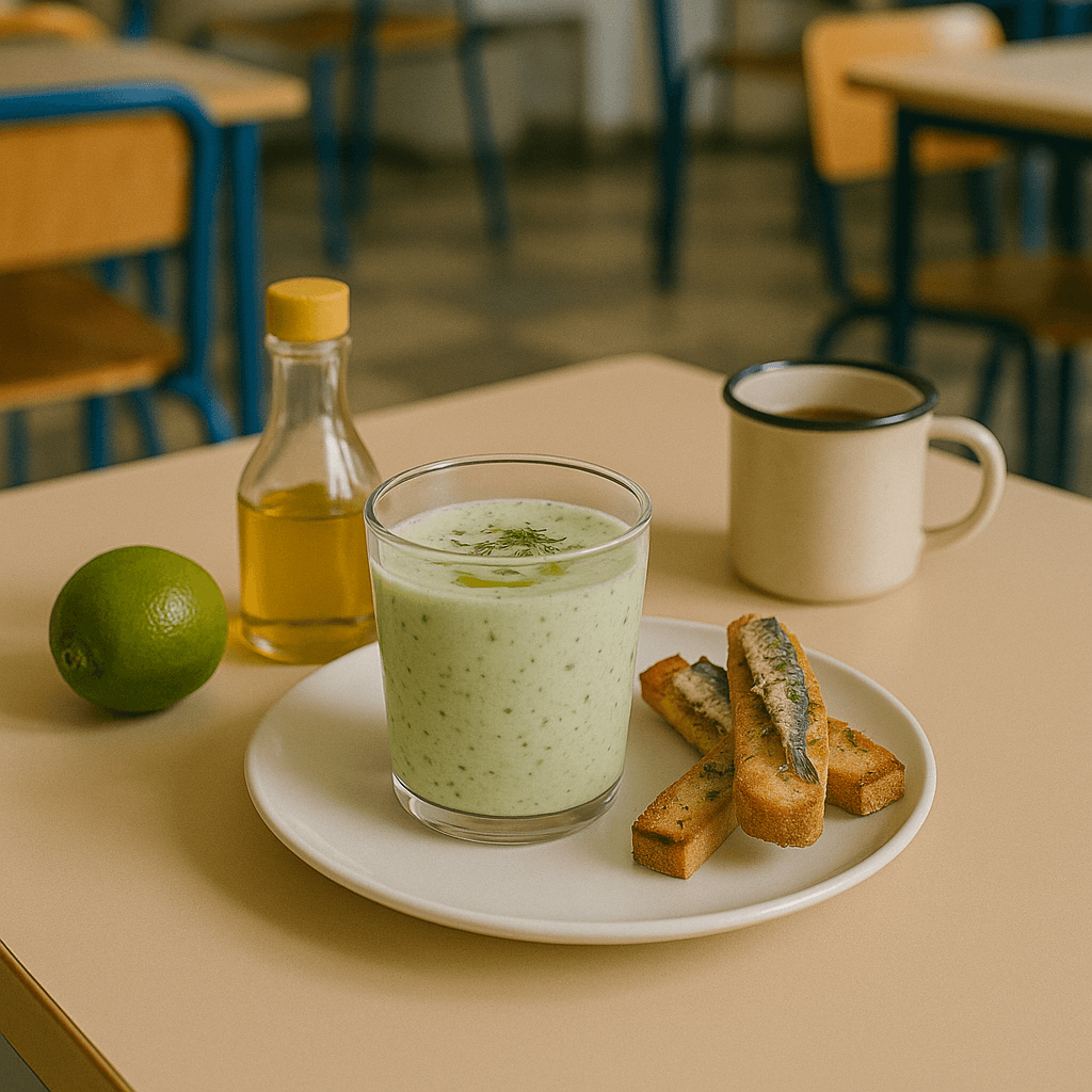 Cucumber-Cream Cold Soup with Sardine Toast Threads