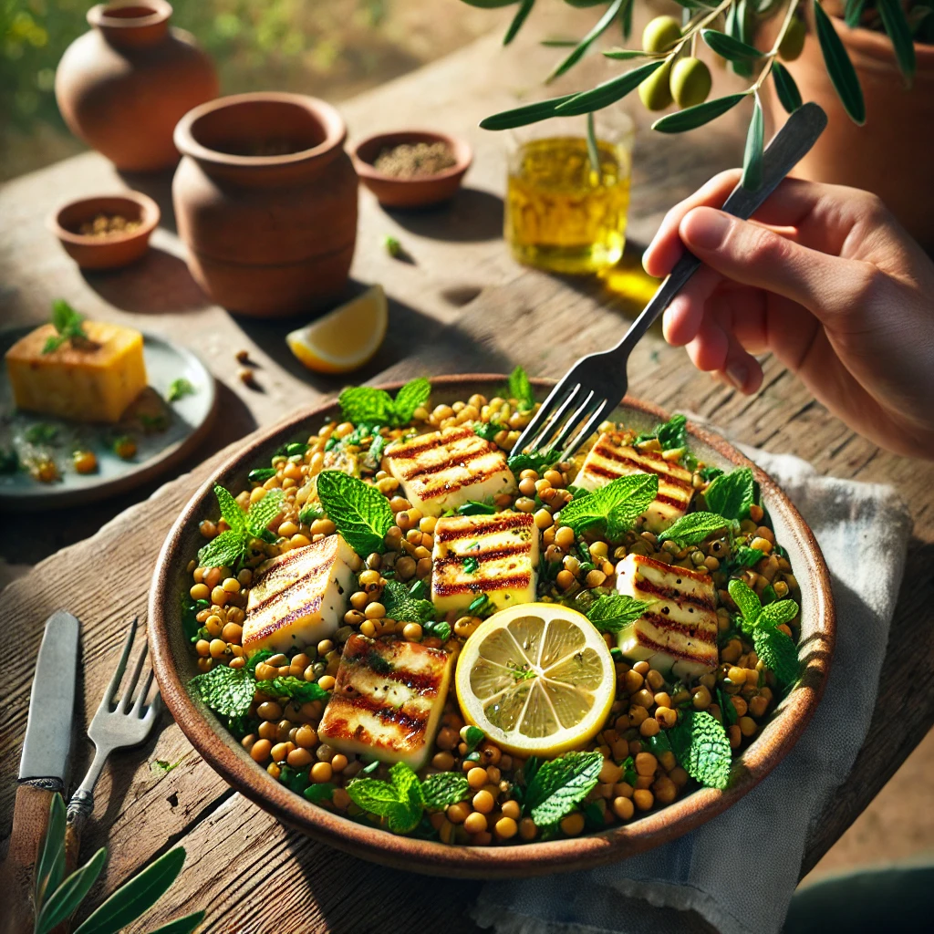 Minty Lemon Lentil Salad with Grilled Halloumi