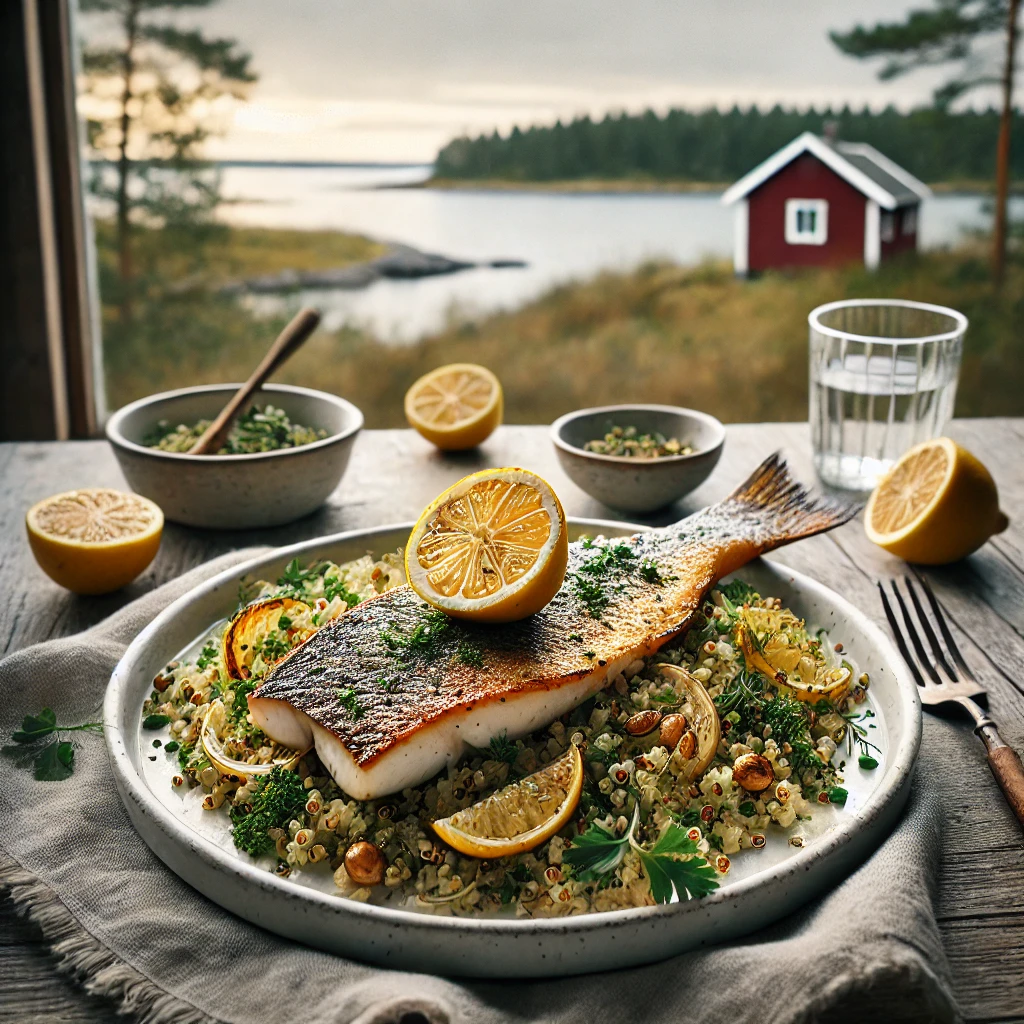 Citrus Herb Grilled Sea Bass with Roasted Garlic Quinoa Pilaf