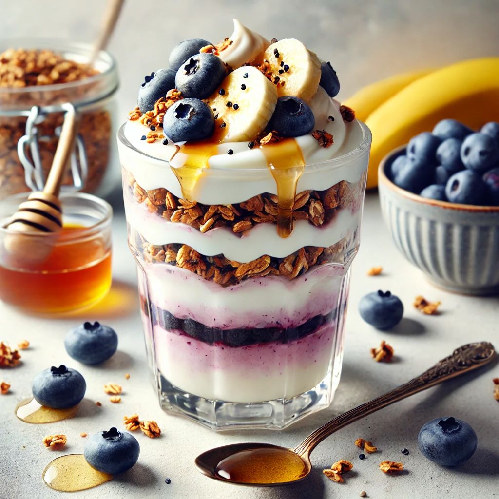 Greek Yoghurt Parfait with Mirtils and Granola