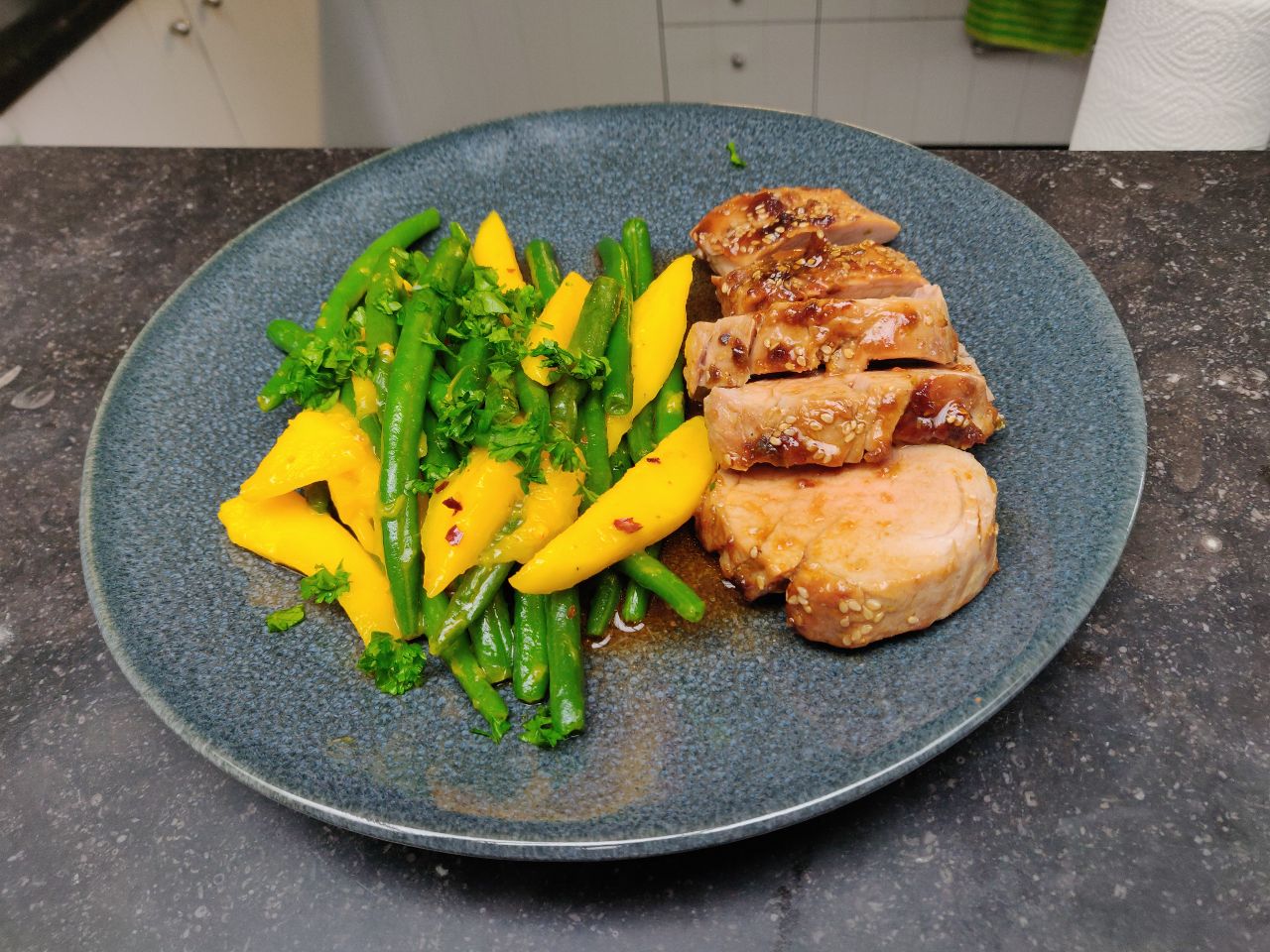 Marinated Pork Tenderloin with Mango and French Beans