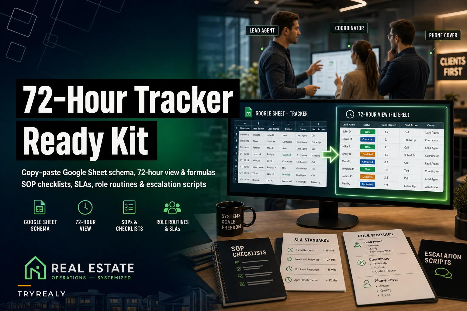 72‑Hour Look‑Ahead + Copy‑Paste Tracker & Checklists: a ready kit to run listing→close for a 3‑agent office