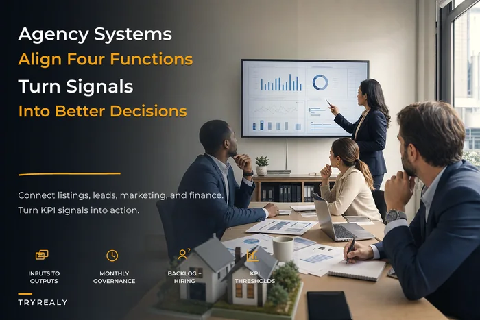 Agency operating model aligning listings, lead ops, marketing and finance
