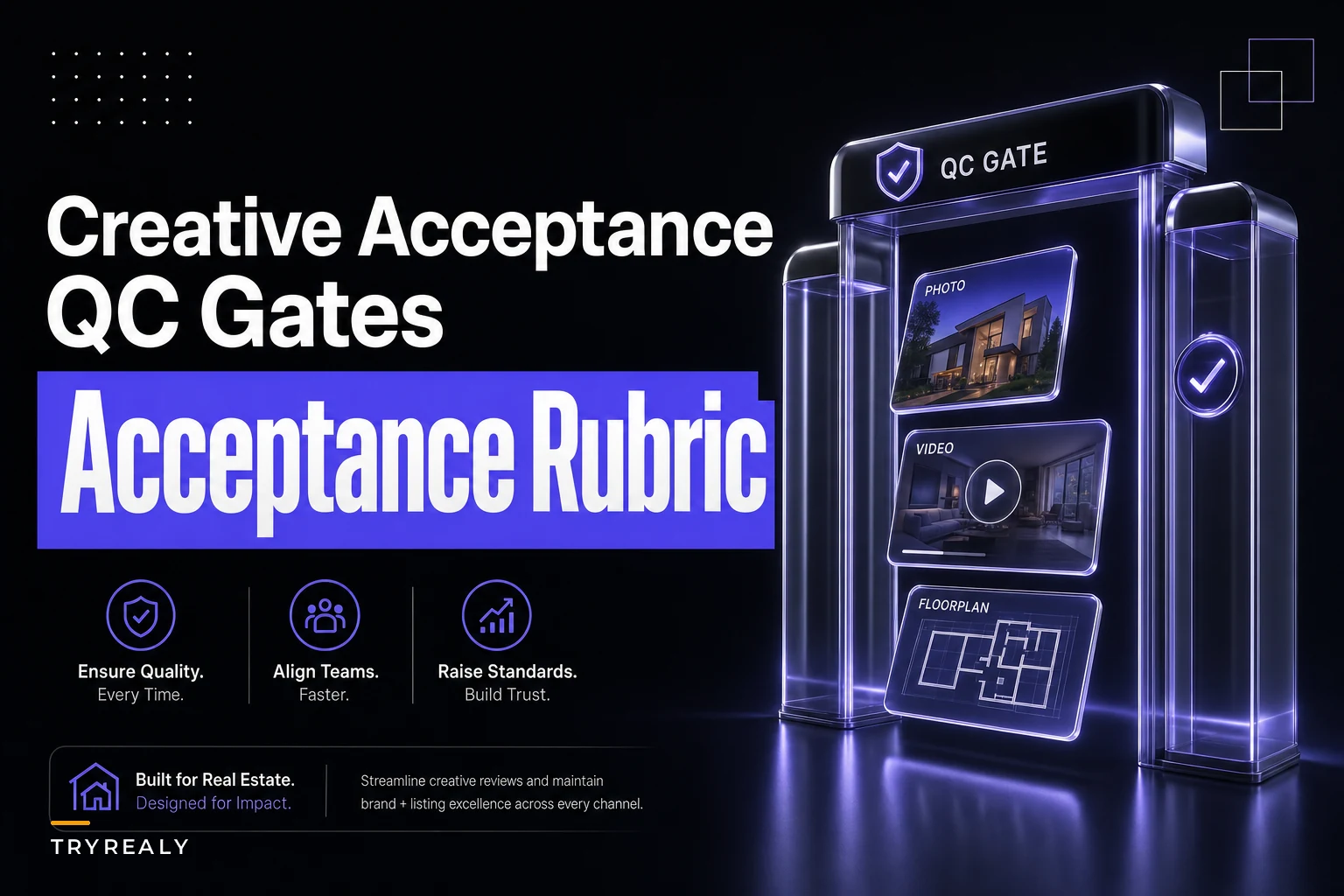 Creative acceptance and QC gates for photo, video and floorplans