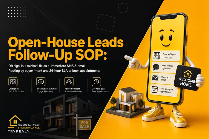 Open-house lead follow-up SOP: QR sign-in, immediate SMS templates and a 24-hour SLA to book appointments
