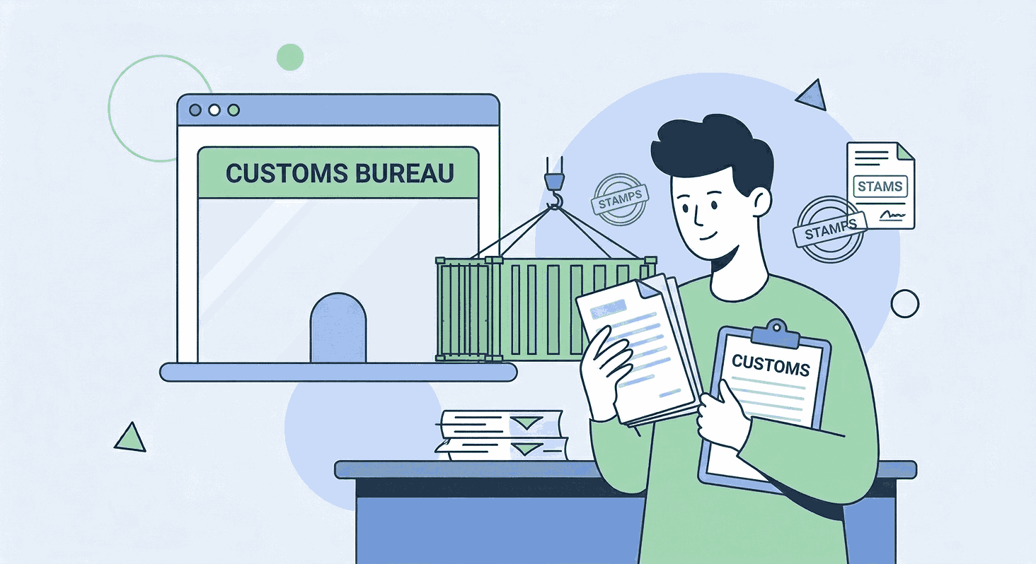 Customs clearance documents and official checkpoint at a port