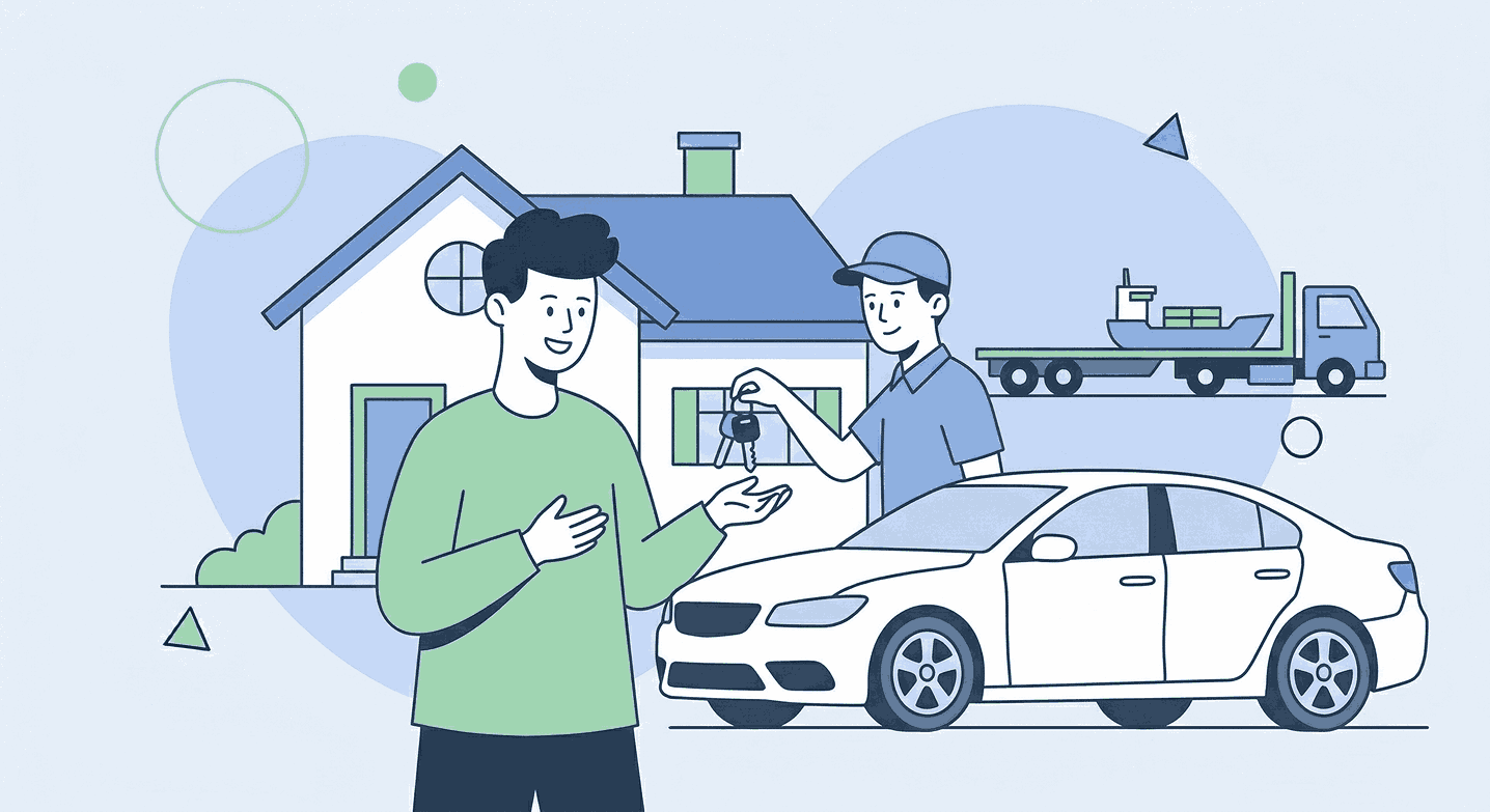 Car being delivered to a house with keys being handed over