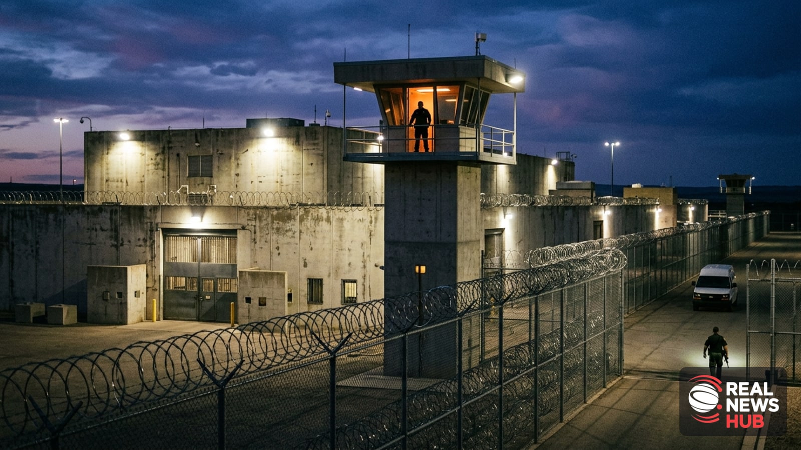 Exterior of a maximum-security state prison in the evening with chain-link fences, razor wire, and guard towers under floodlights.