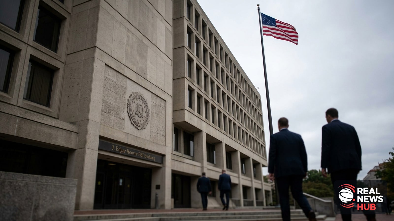 Exterior of a federal government building with anonymous officials entering, evoking an FBI leadership transition.