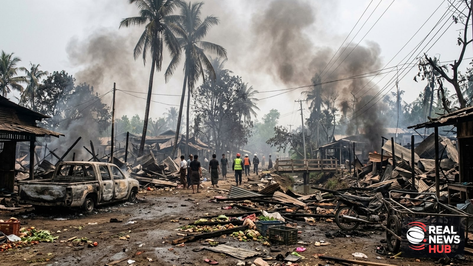 Smoke rises over a burned market and wrecked vehicles after a military airstrike in Kyauktaw, Rakhine state, Myanmar, with figures walking through de…