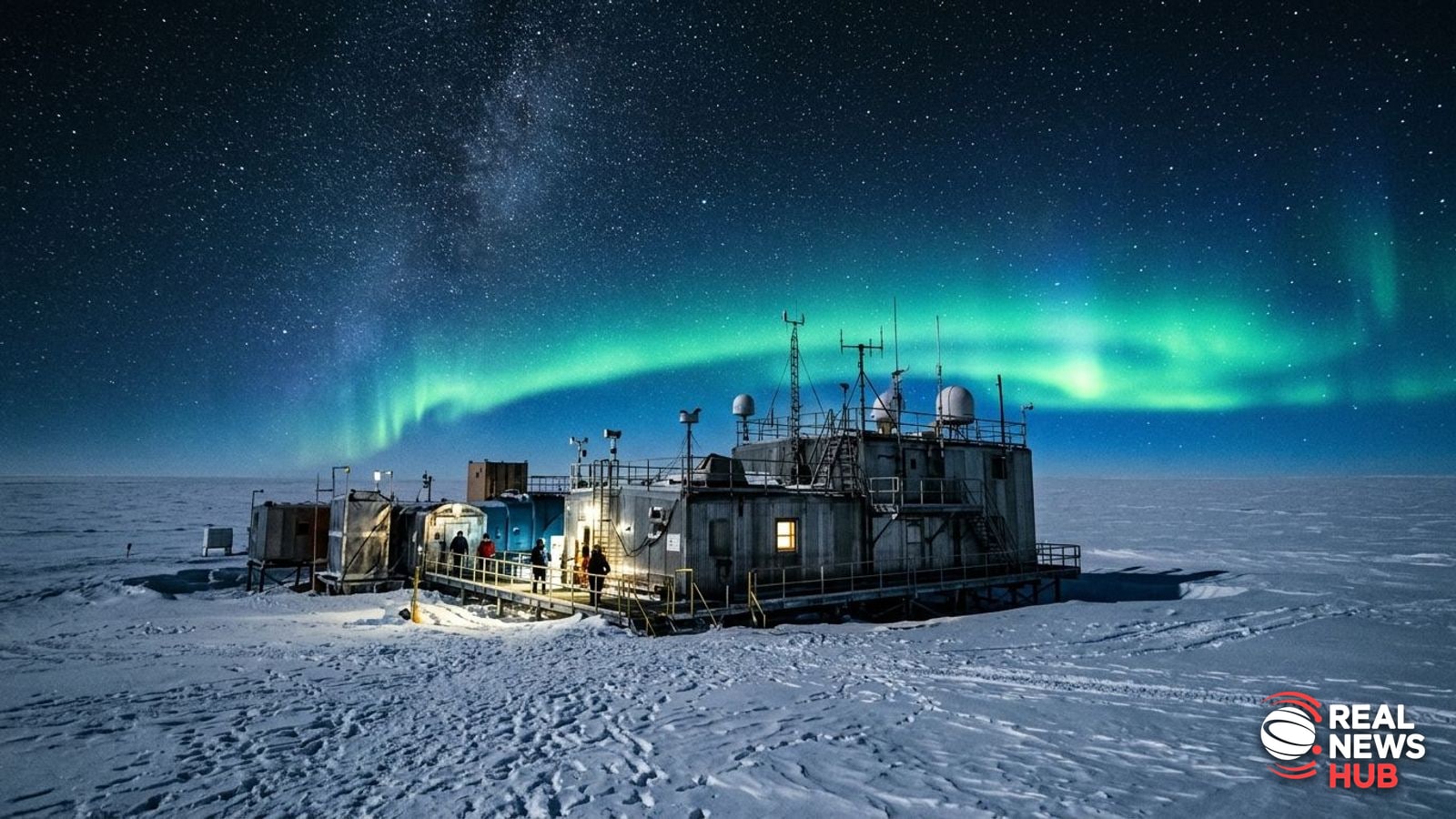 A scientific research station on the Antarctic ice under a vibrant aurora and star-filled night sky.
