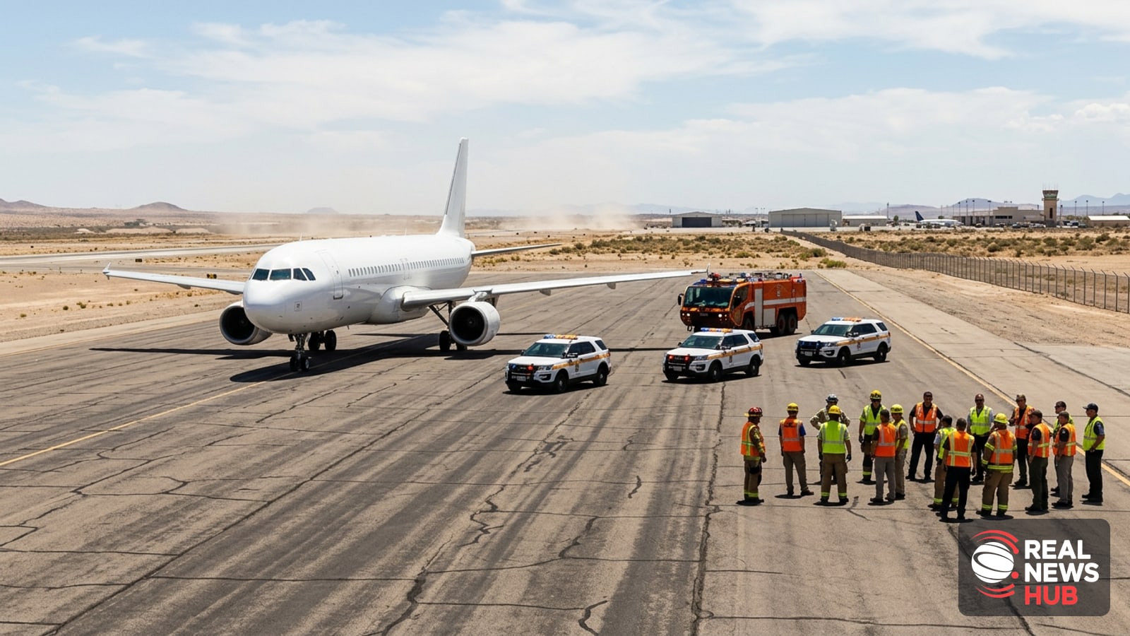 Commercial airliner stationary on an airport tarmac with emergency service vehicles parked nearby under bright daylight.