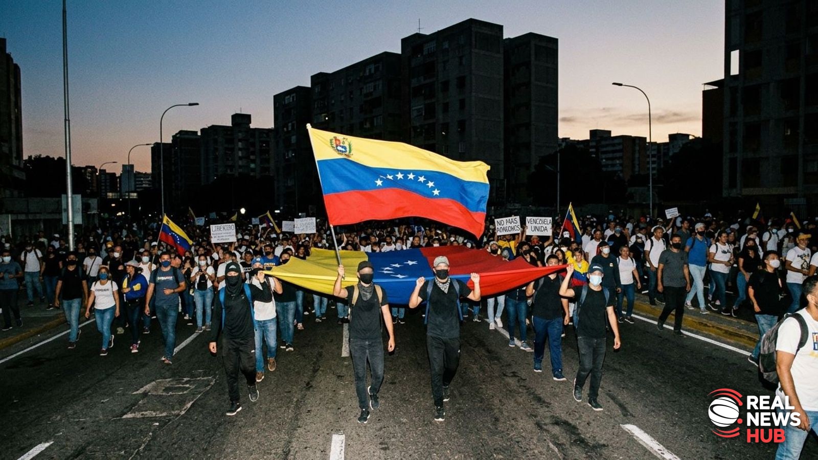 A street demonstration in Venezuela at dusk with crowds holding a large national flag, protesting power outages.