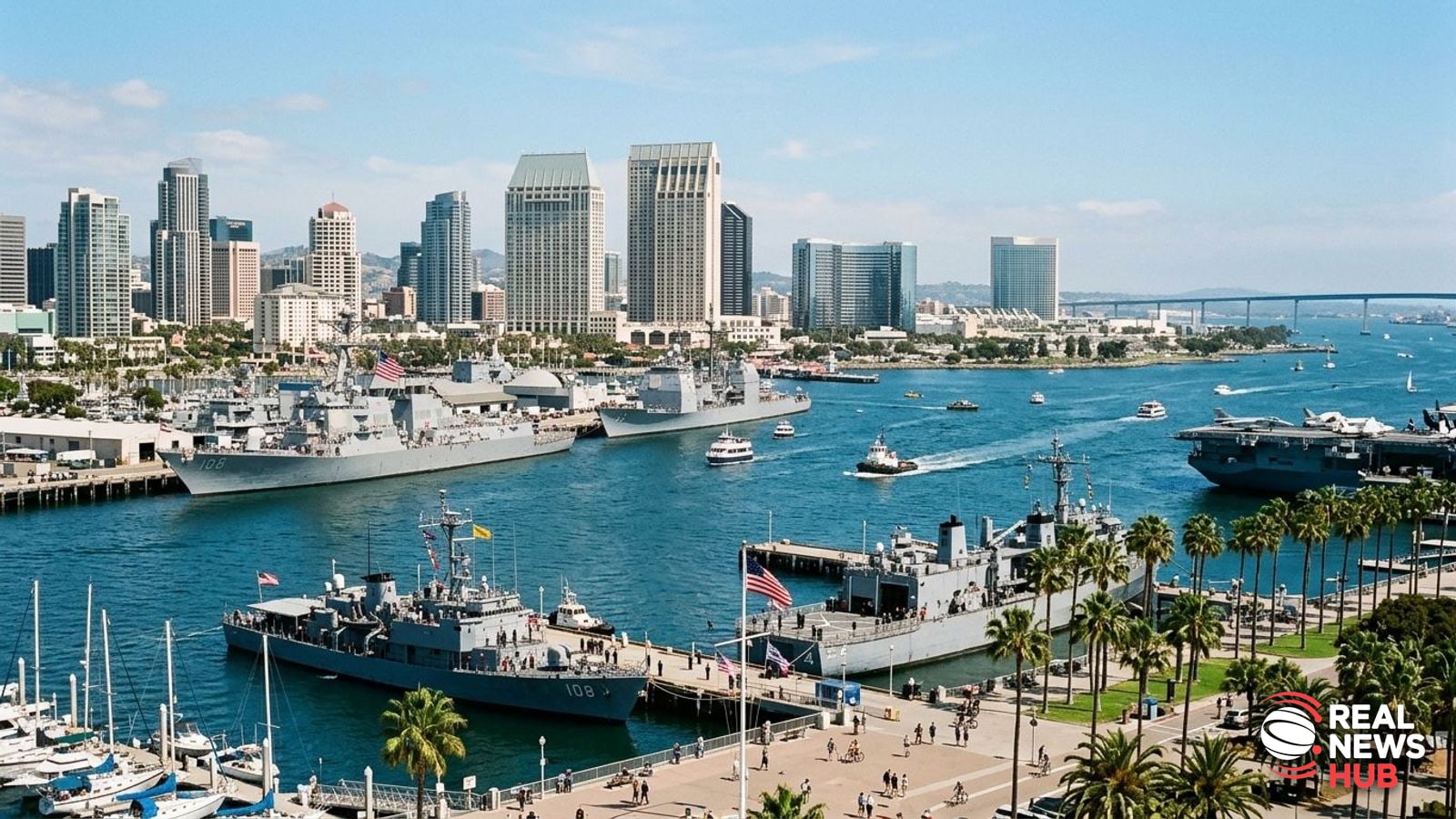 A view of the San Diego skyline and bay with naval vessels docked under clear blue skies.