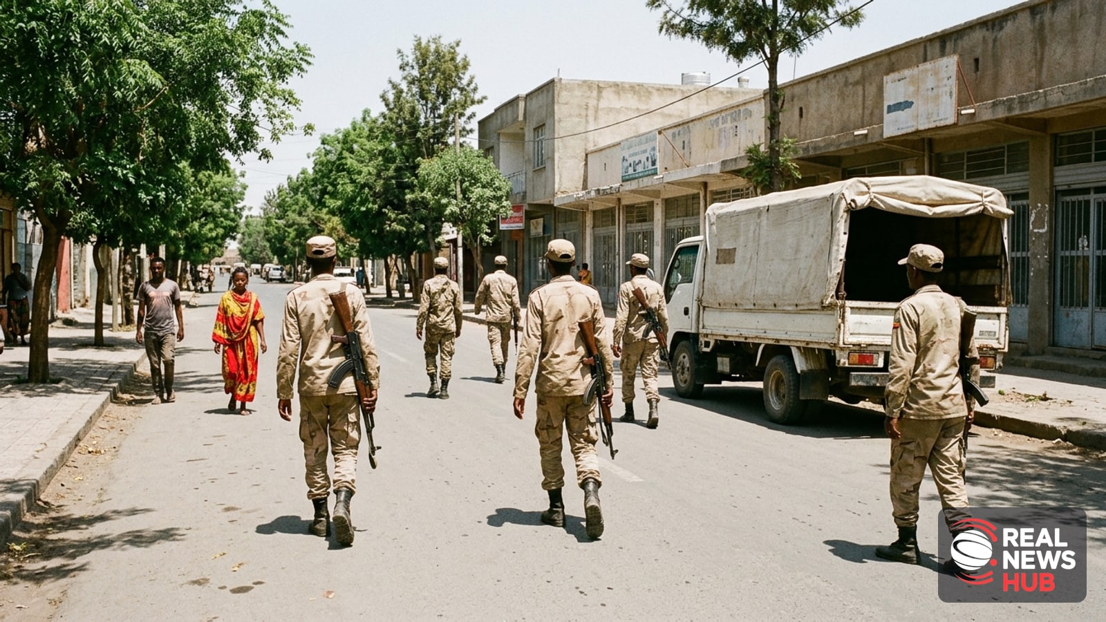 Armed regional fighters patrol a tree-lined street in Mekelle, Tigray, as tensions rise between local forces and Ethiopia's army.