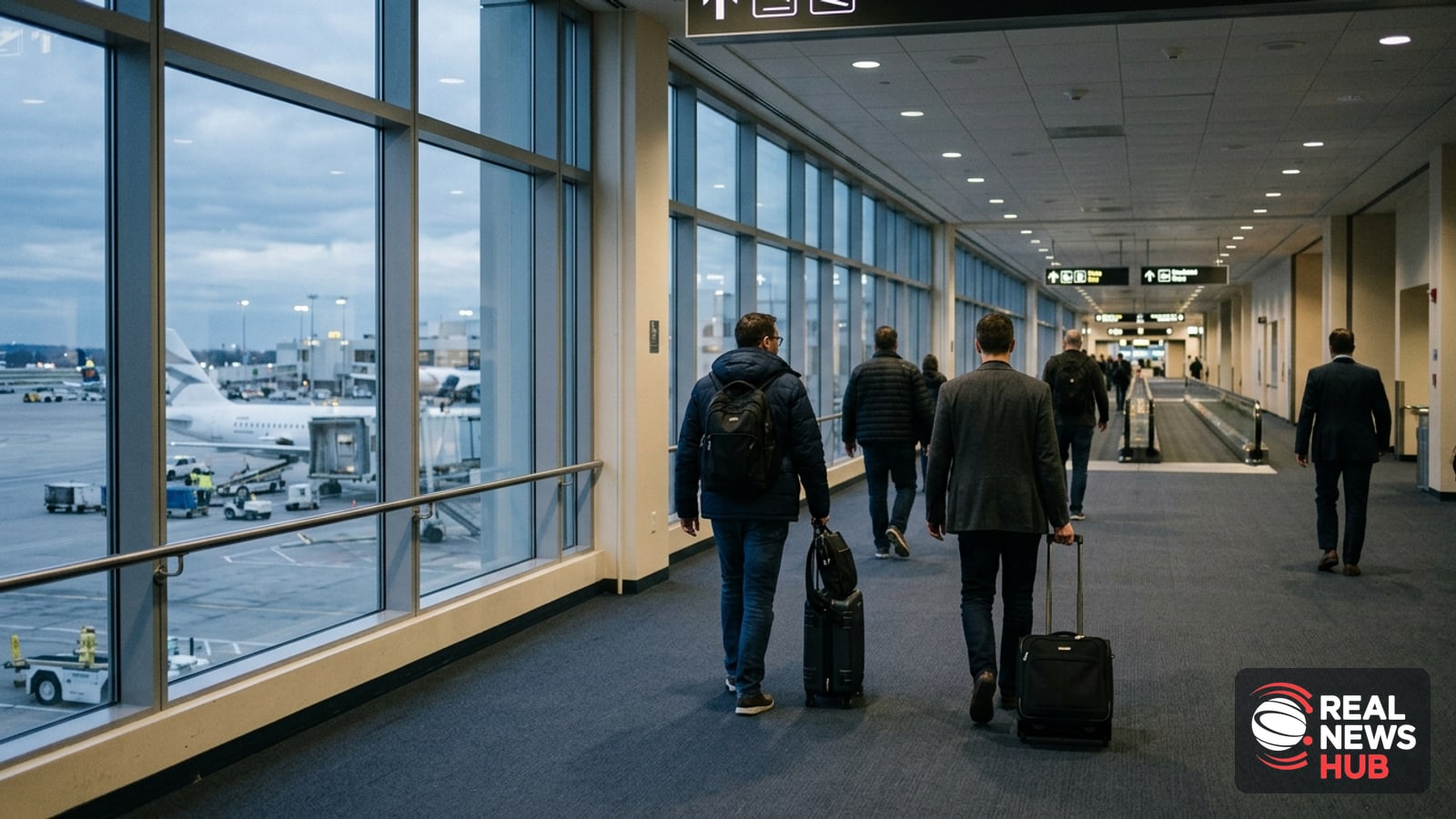 Modern international airport terminal corridor with blurred figures walking past floor-to-ceiling windows.