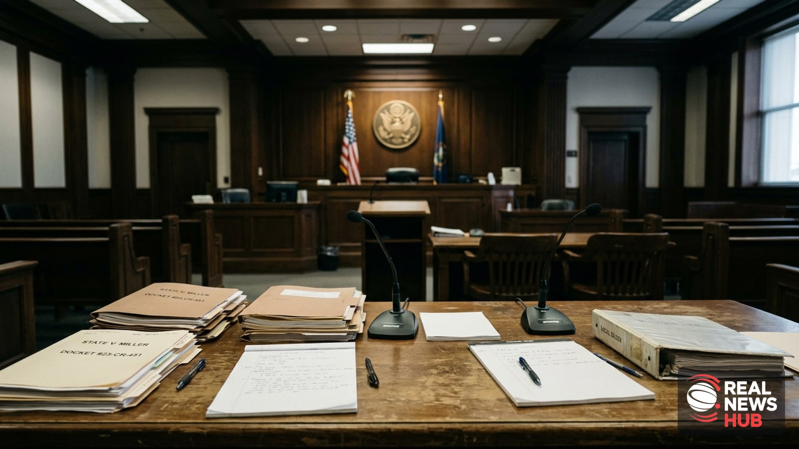 An empty defense table with legal documents and microphones inside a quiet American courtroom.