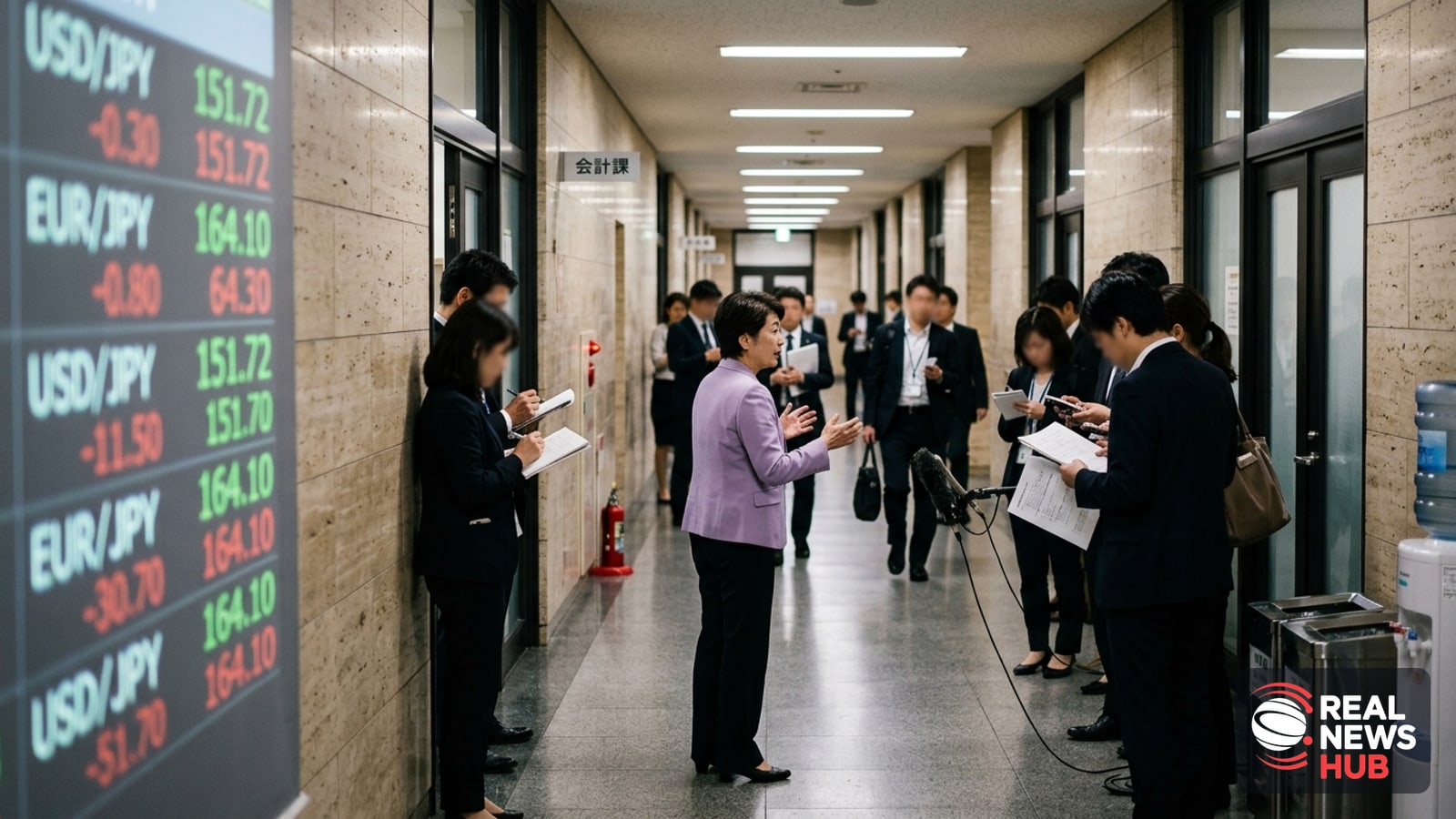 A Japanese finance ministry official speaks to reporters in a Tokyo government building corridor amid discussions on yen currency policy.