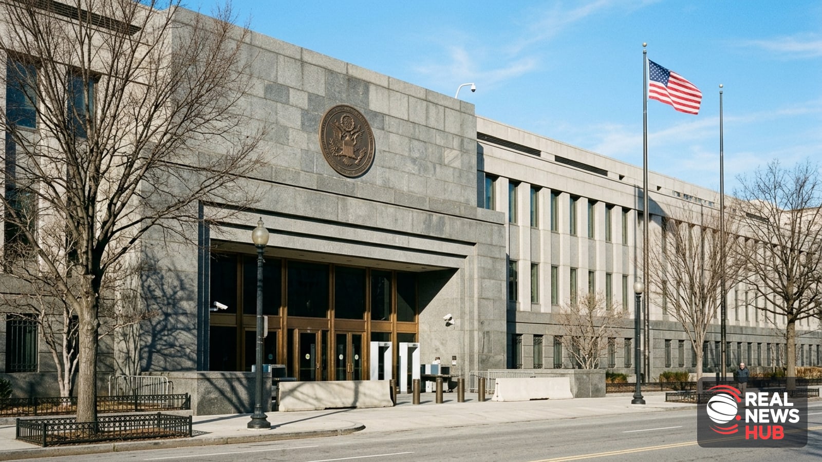 Exterior of a federal law enforcement headquarters building with an American flag, evoking the FBI amid a data breach investigation.