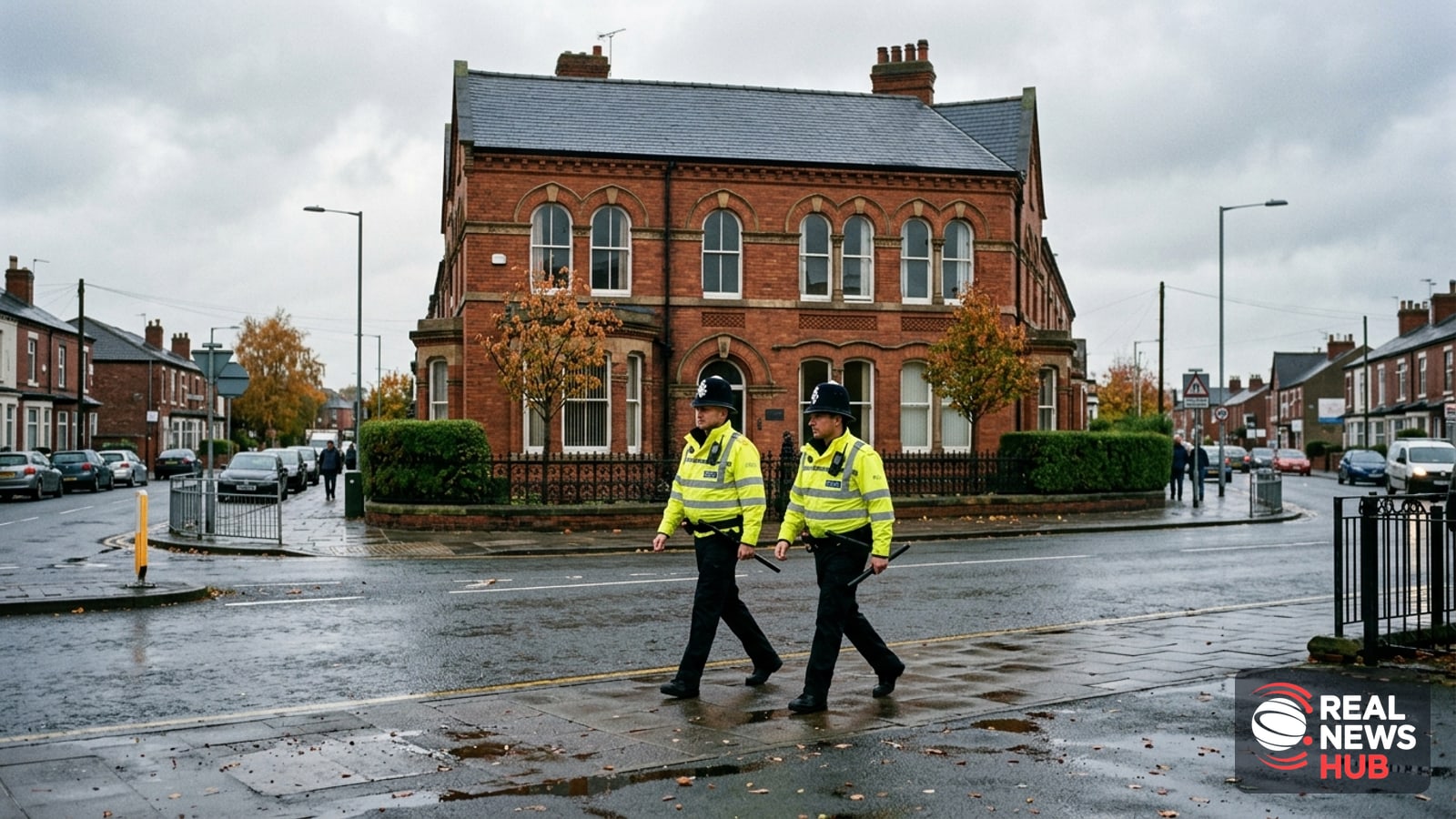 Police officers patrol an urban street near a historic brick religious building in the UK under overcast skies.