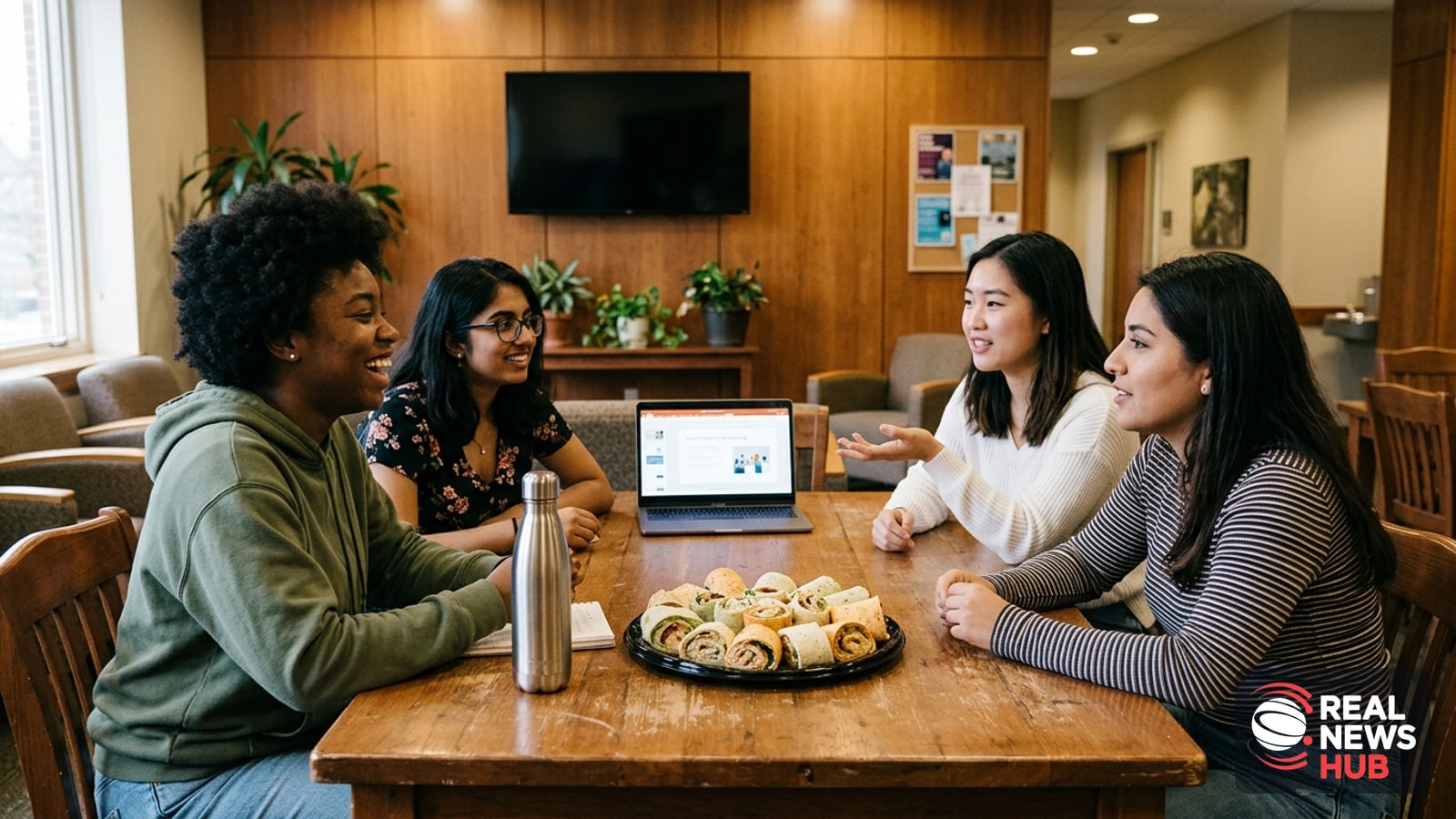 A group of young women sit around a table with food and a laptop during a college women-in-computer-science club meeting.