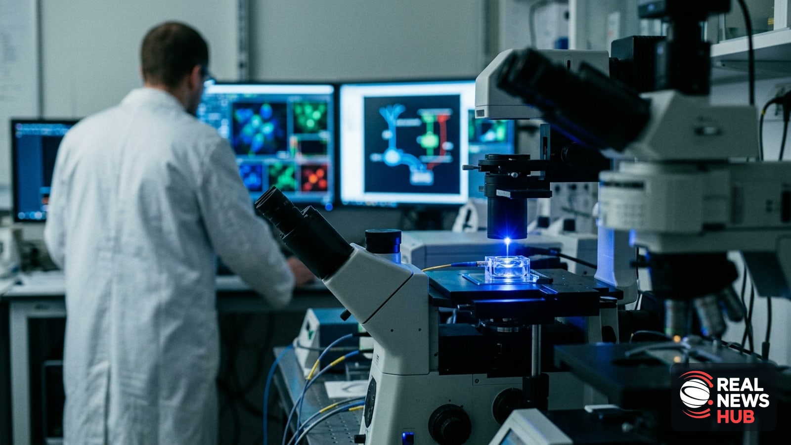 Modern neuroscience laboratory with advanced optical microscopy equipment and blue laser light illuminating brain research specimens.