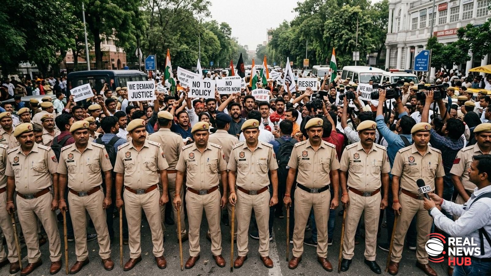 Indian police officers form a security cordon during a street protest in New Delhi.