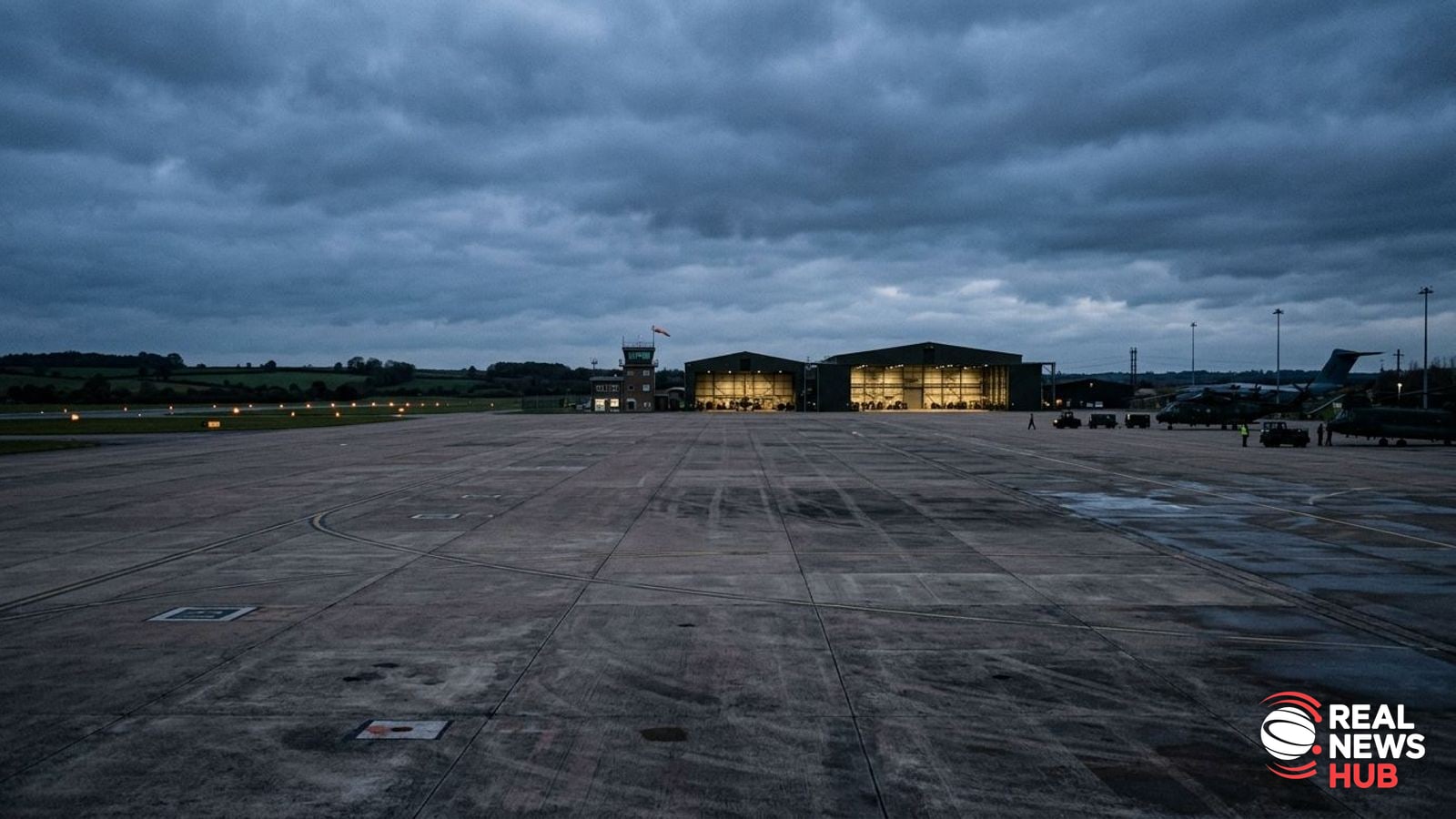 An expansive military airfield tarmac at dusk under an overcast sky, showing aircraft hangars and empty flight lines.