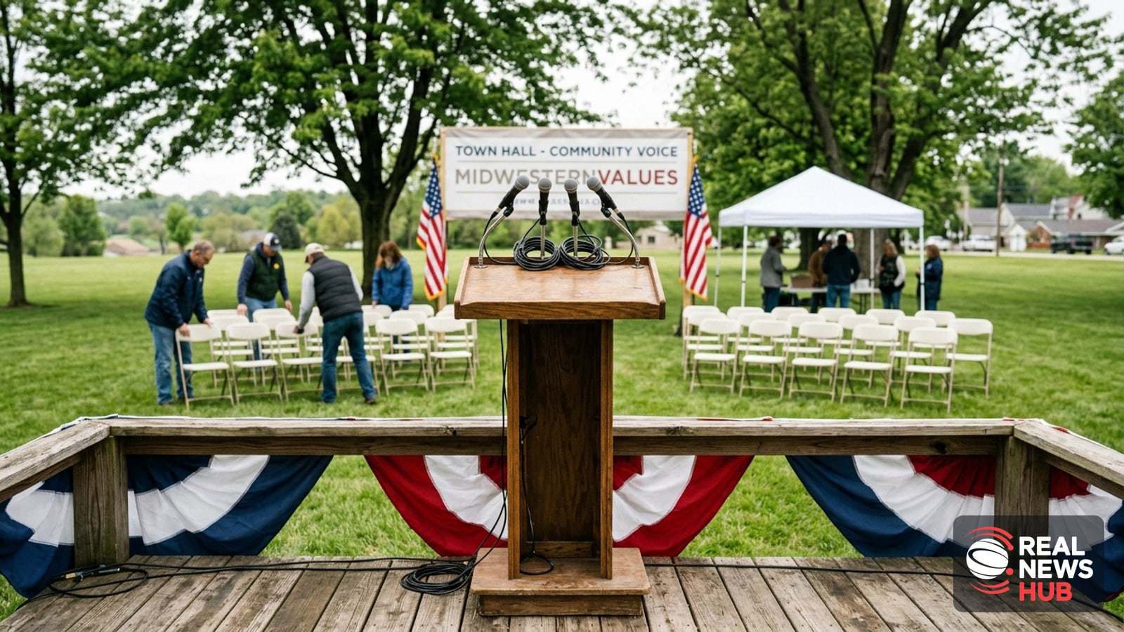 An empty campaign rally podium with microphones, bathed in soft afternoon light, representing an election race.