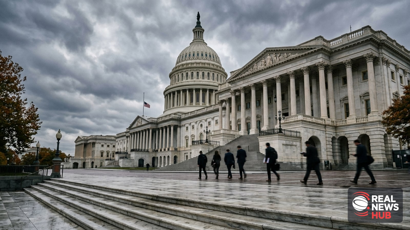 The exterior of the U.S. Capitol building under an overcast sky, with blurry figures of staffers and visitors on the steps.