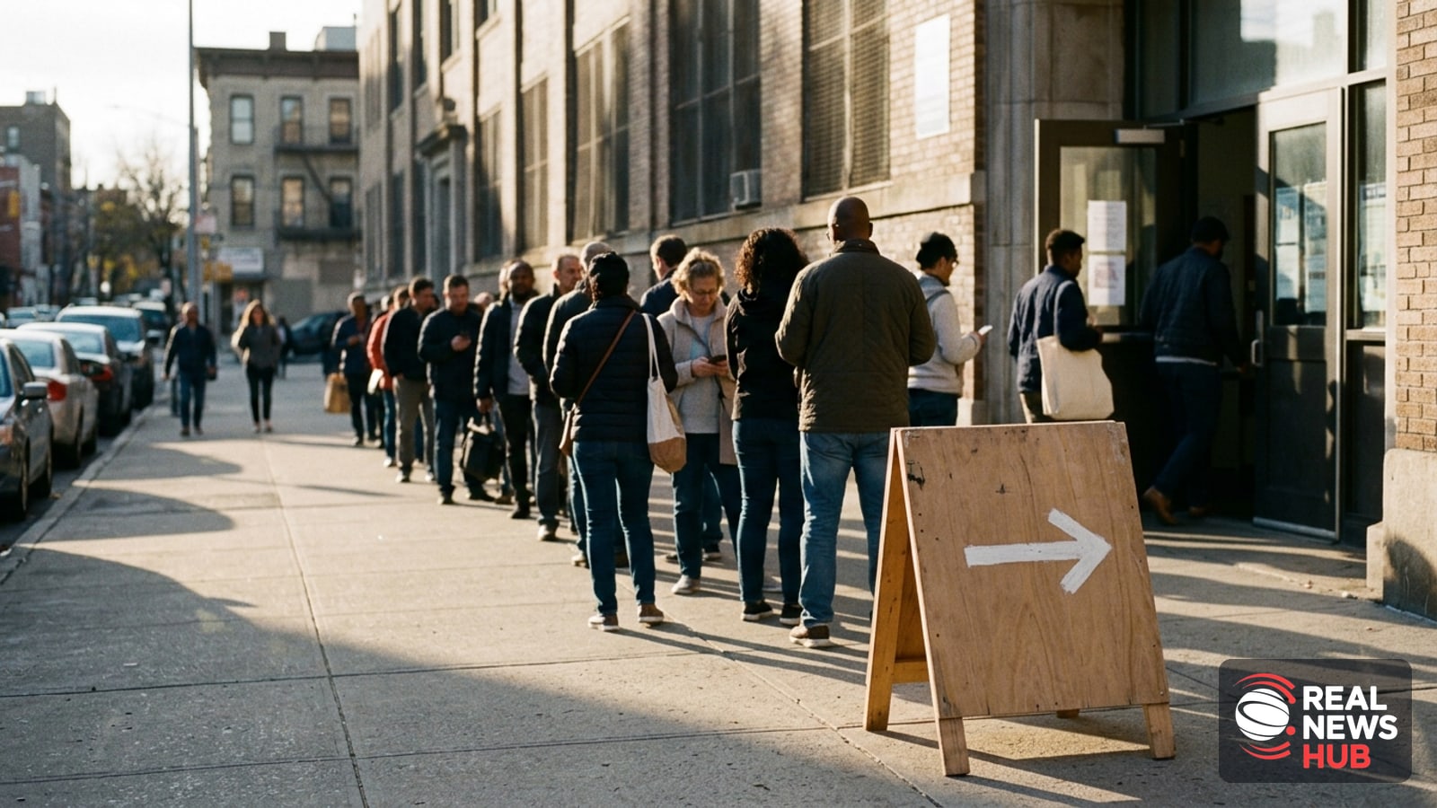 Voters wait outside a bilingual polling station in an urban neighborhood on election day.