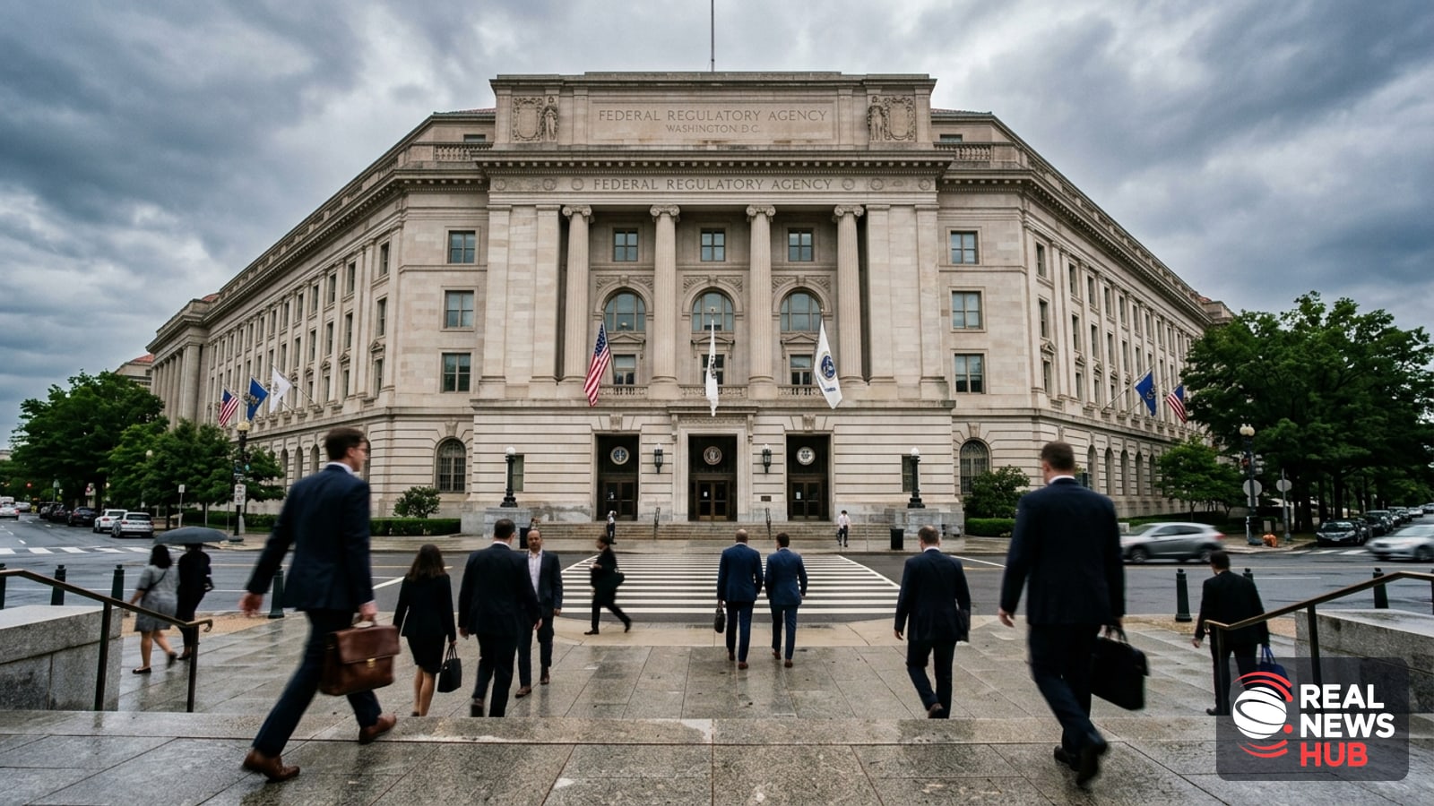 Federal government building in Washington DC with blurred figures walking by in daylight.