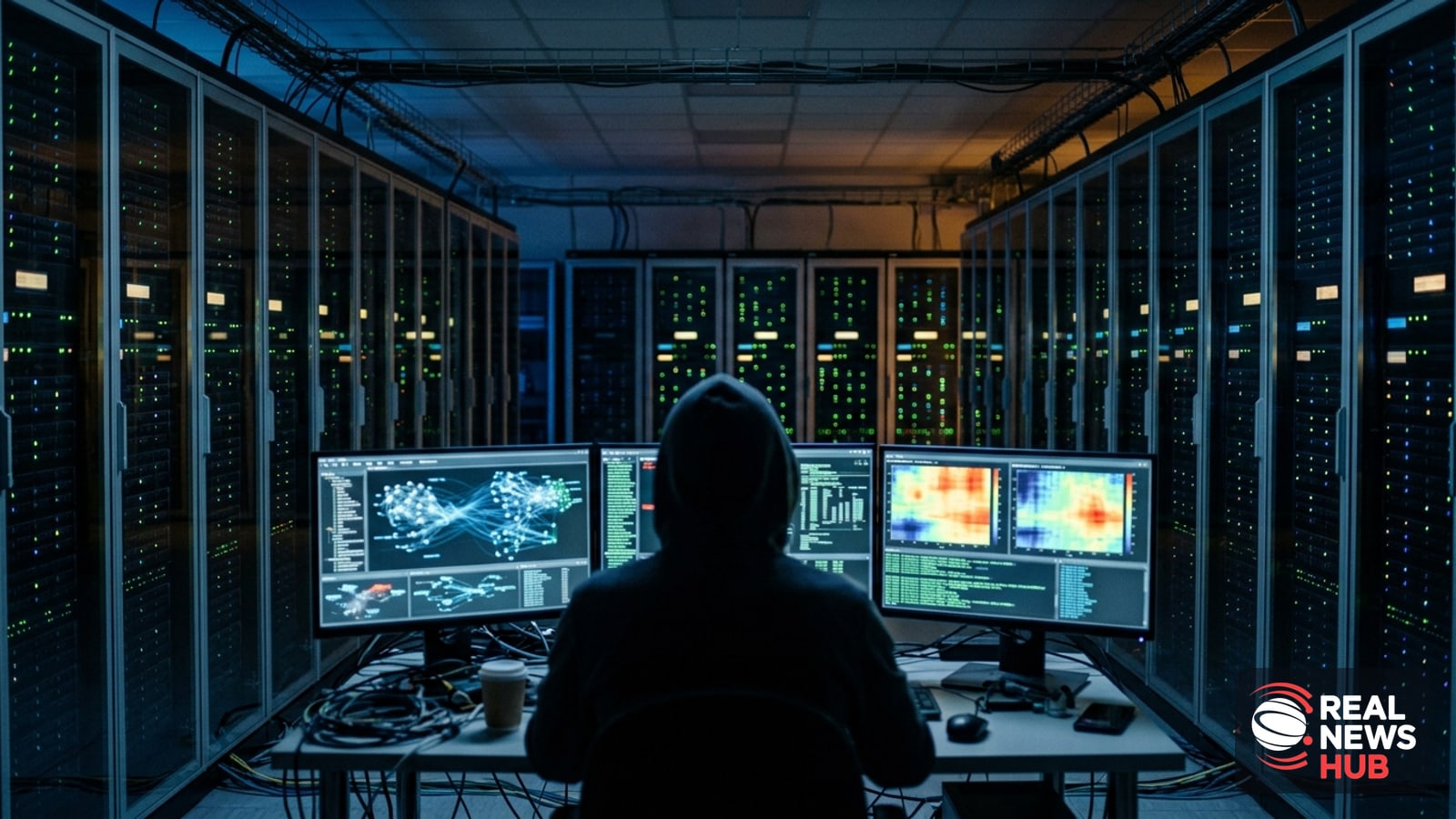 Illuminated server room with glowing racks and screens showing data streams, symbolizing an AI system investigation.