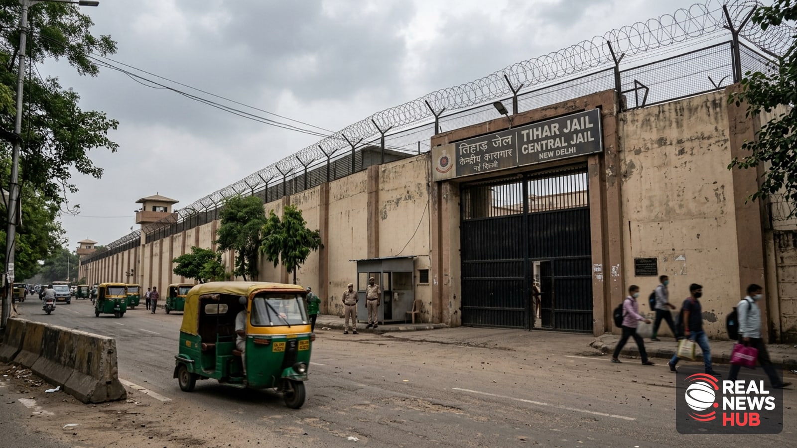 The exterior gates of a high-security prison complex in Delhi, viewed from across a dusty roadside.