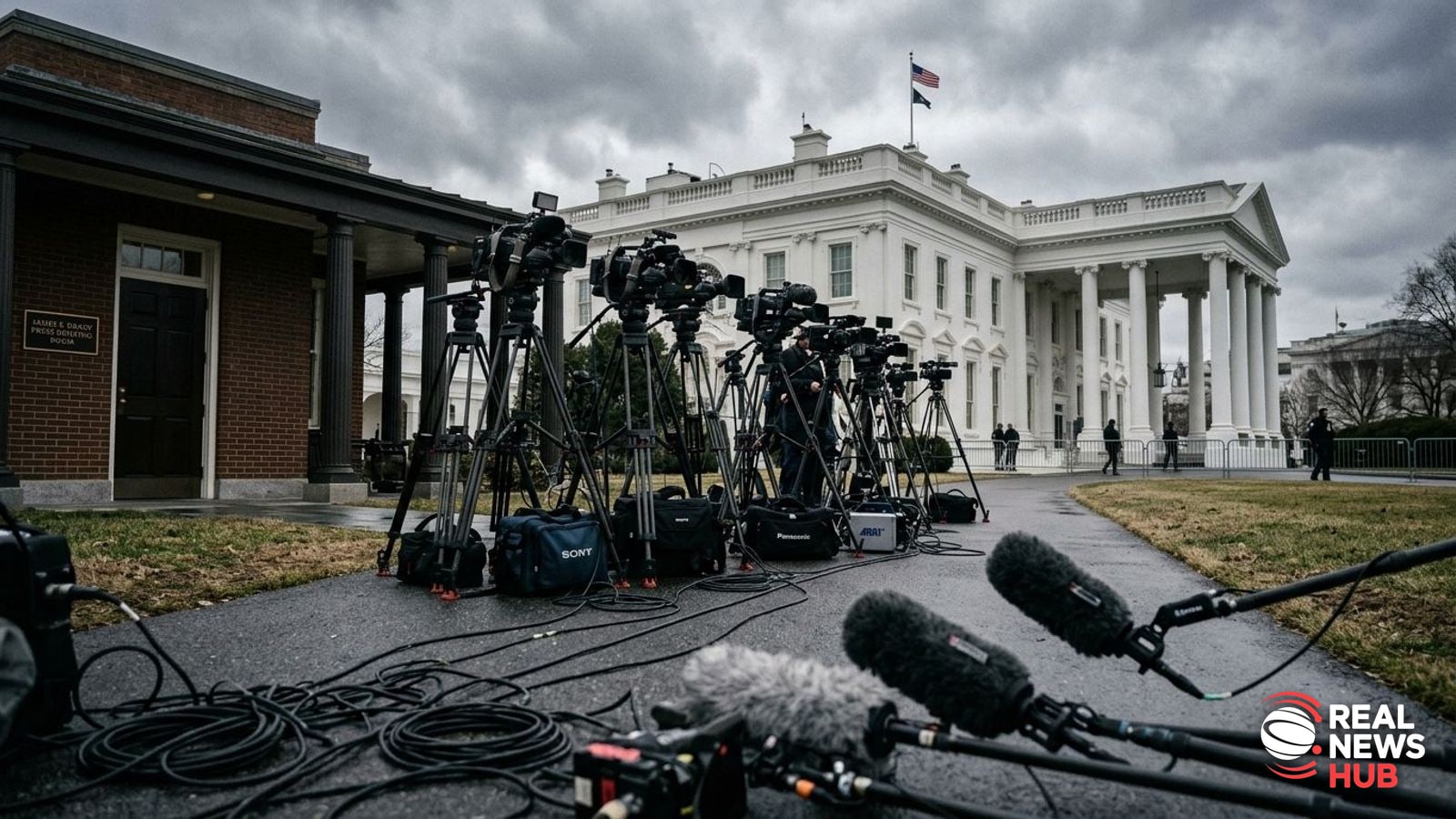 Exterior view of the White House lawn and press briefing room area in Washington, D.C. under overcast skies.