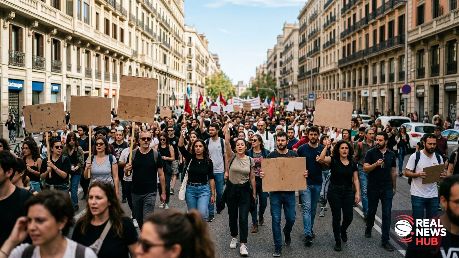 A large crowd of demonstrators marches along a sunlit city avenue in Spain holding blank signs during a housing crisis protest.
