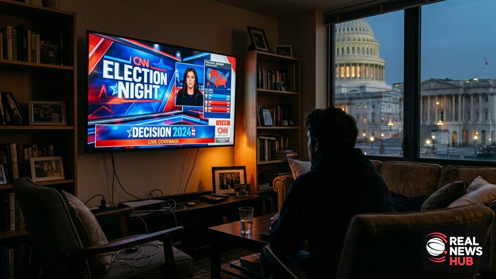 A television screen glowing in a dark room showing news broadcast graphics, with the White House visible through an evening window.