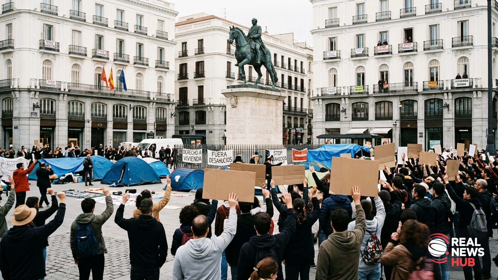 Crowd of protesters with raised hands and blank signs camped in a Madrid plaza, demonstrating over the housing crisis.