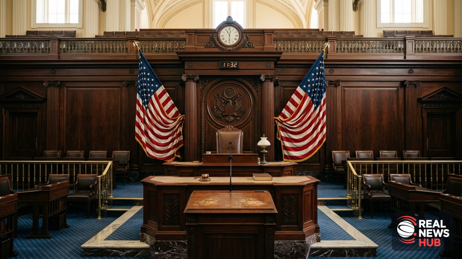 The empty rostrum and speaker’s dais of the U.S. House of Representatives chamber, flanked by large American flags under warm hall lighting.