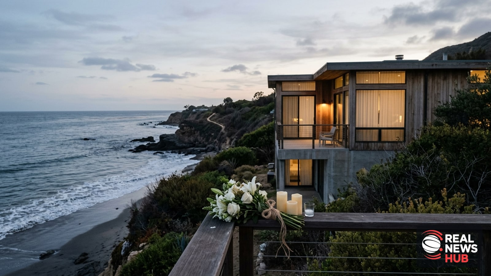 A quiet Malibu beachfront home at dusk with flowers left on a terrace railing, evoking mourning and privacy.