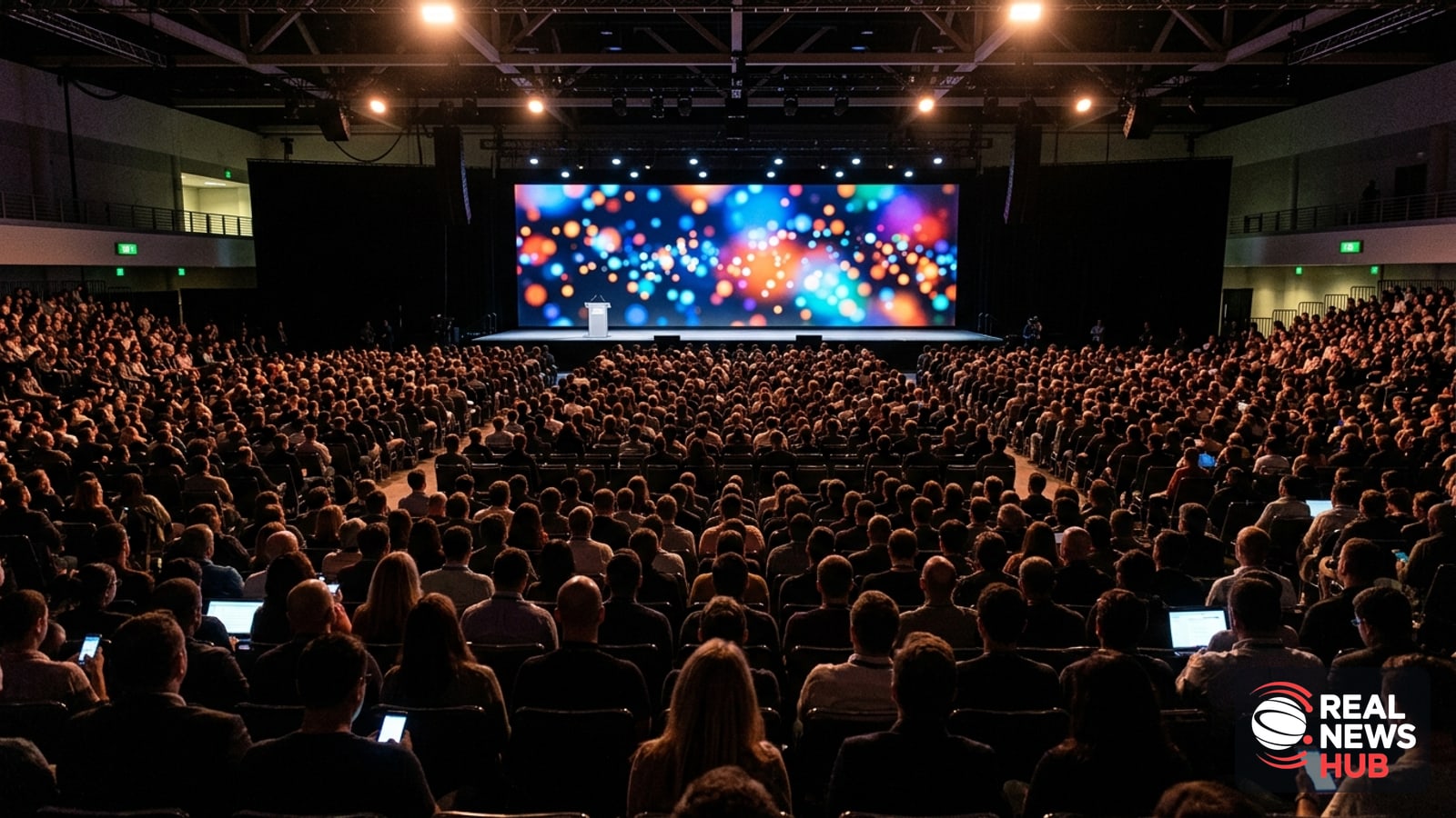 A blurred auditorium audience watching a presentation on a stage with a digital display showing colorful abstract dot graphics.