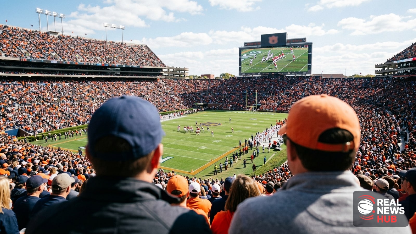 A packed college football stadium filled with fans, viewed from behind two spectators, with a scoreboard and players visible on the field below.