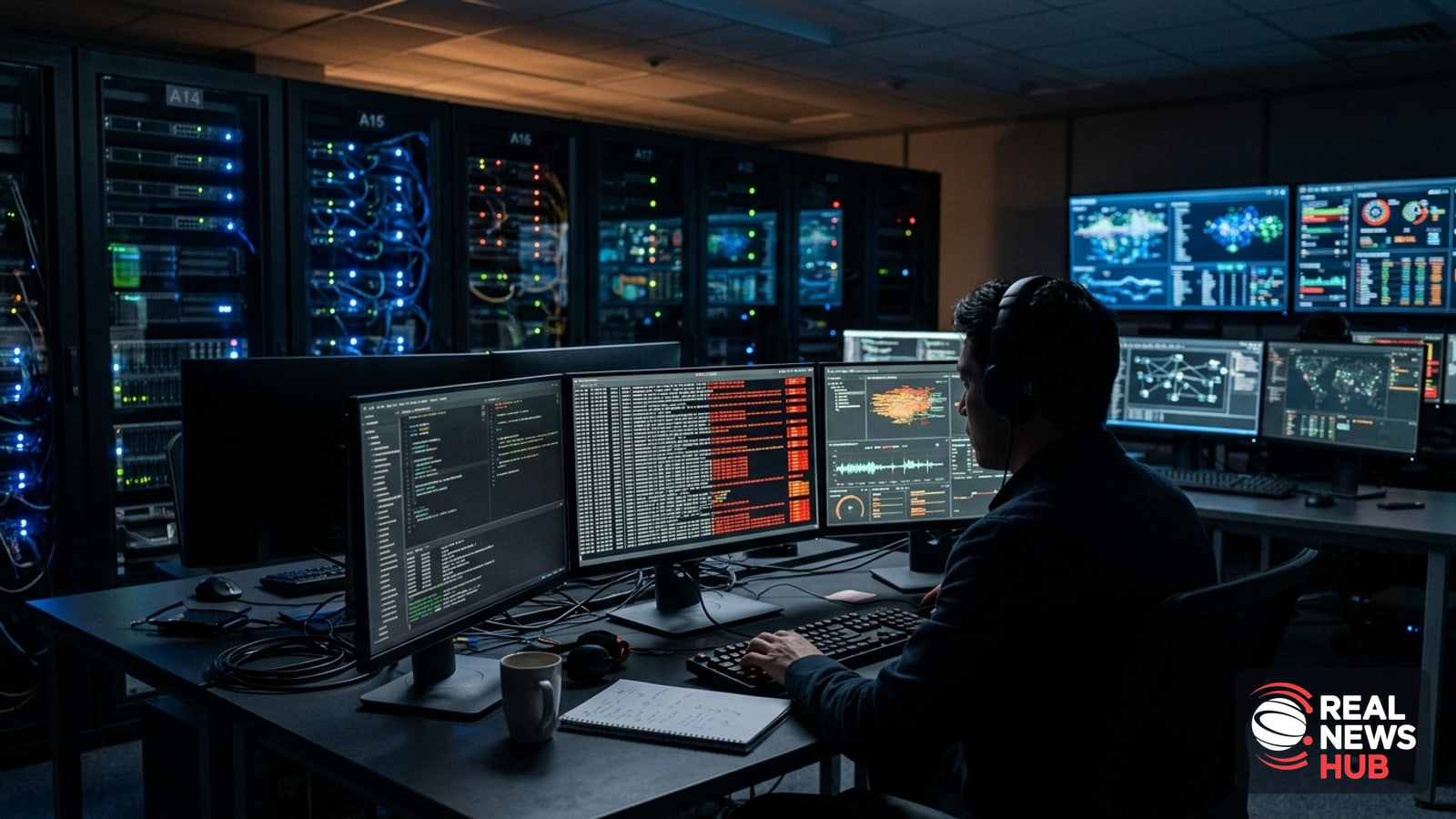 An anonymous analyst monitors glowing server racks and data screens in a dim tech office, symbolizing AI system oversight.