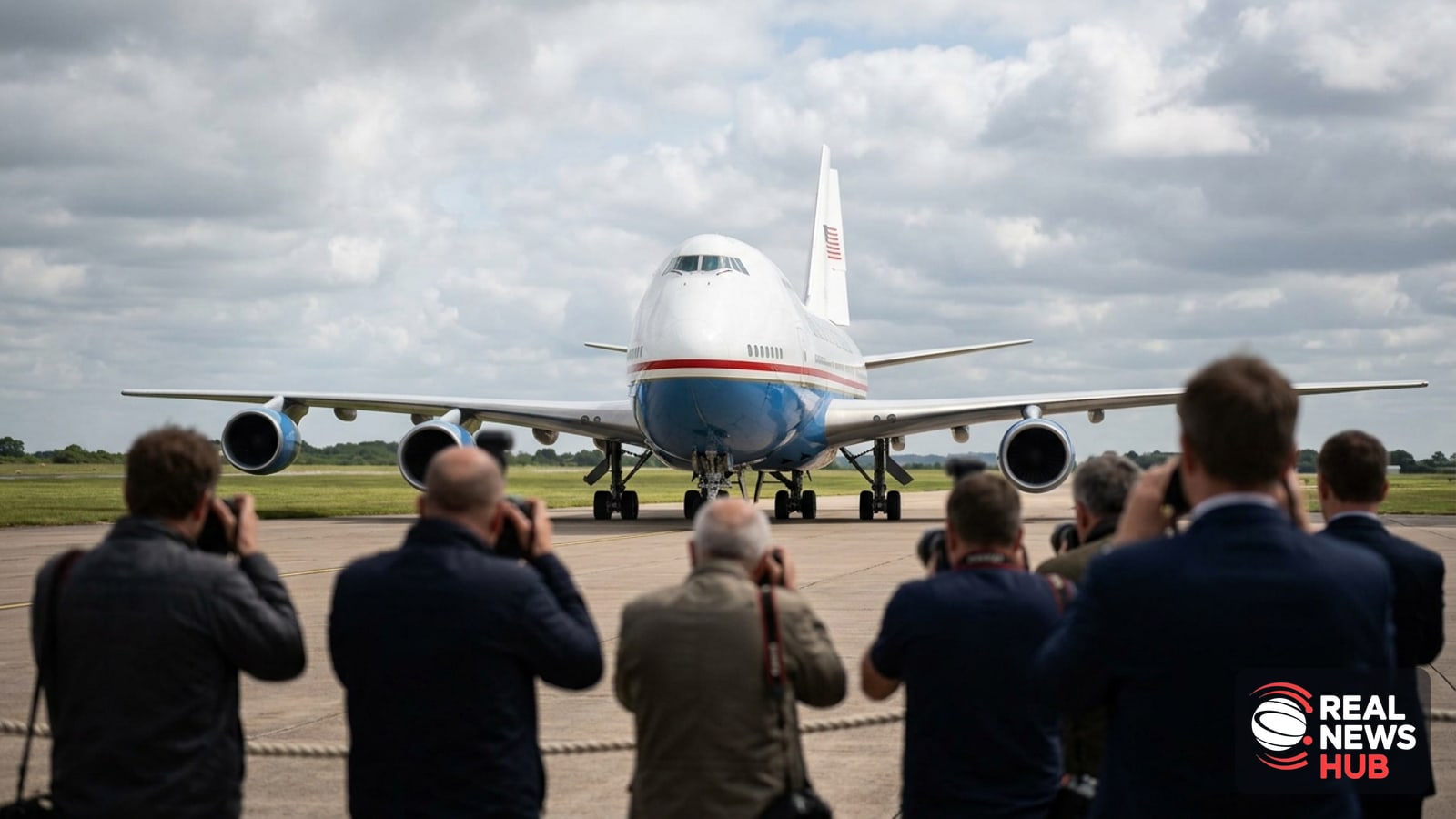 A presidential jet sits on an airport tarmac as anonymous journalists watch from behind a rope line.
