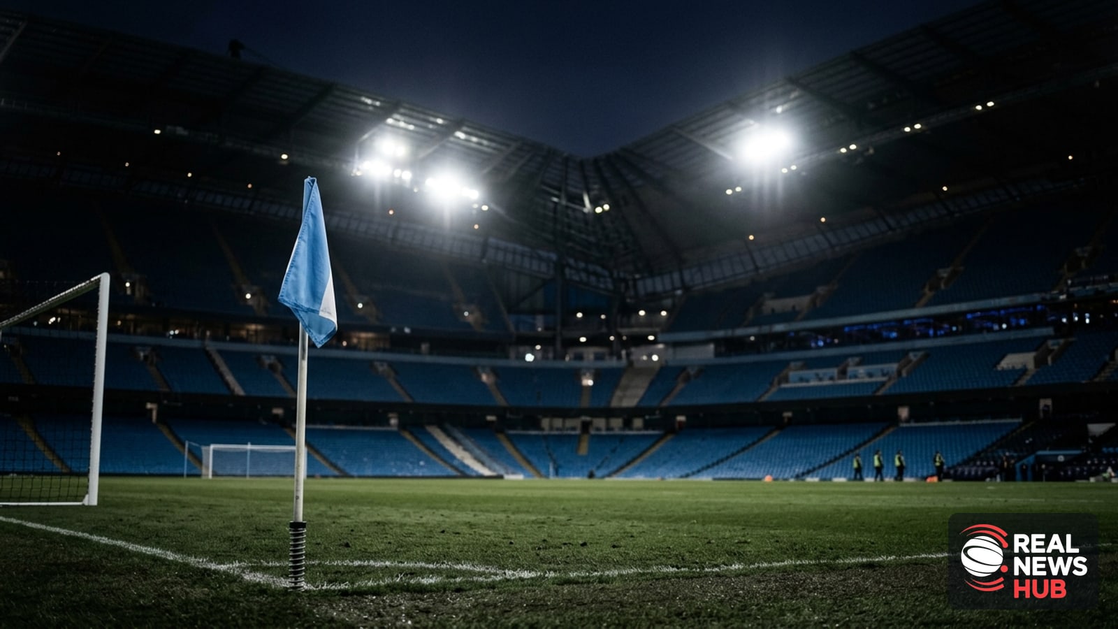 Empty floodlit football stadium at night, corner flag in foreground, evoking a football club under scrutiny