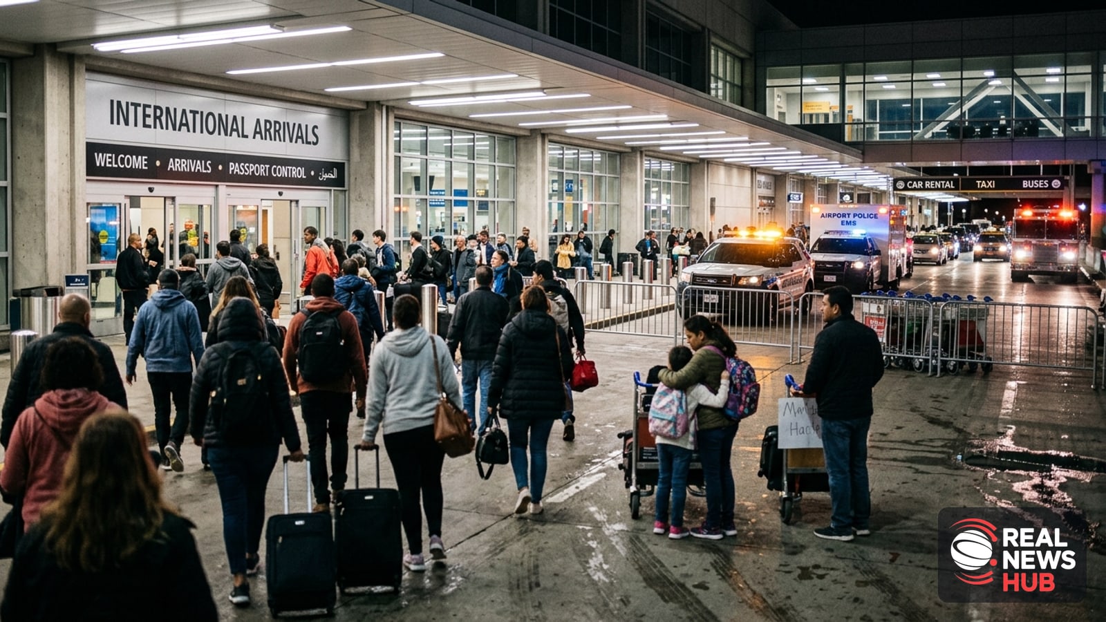 Crowd gathered outside an airport arrivals terminal at night under harsh overhead lighting.