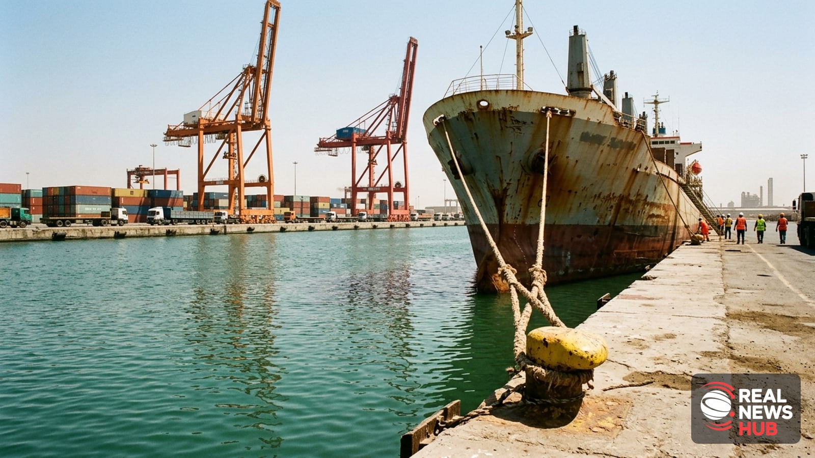 A cargo ship moored at Umm Qasr port in southern Iraq, with cranes, containers and trucks along the dock.