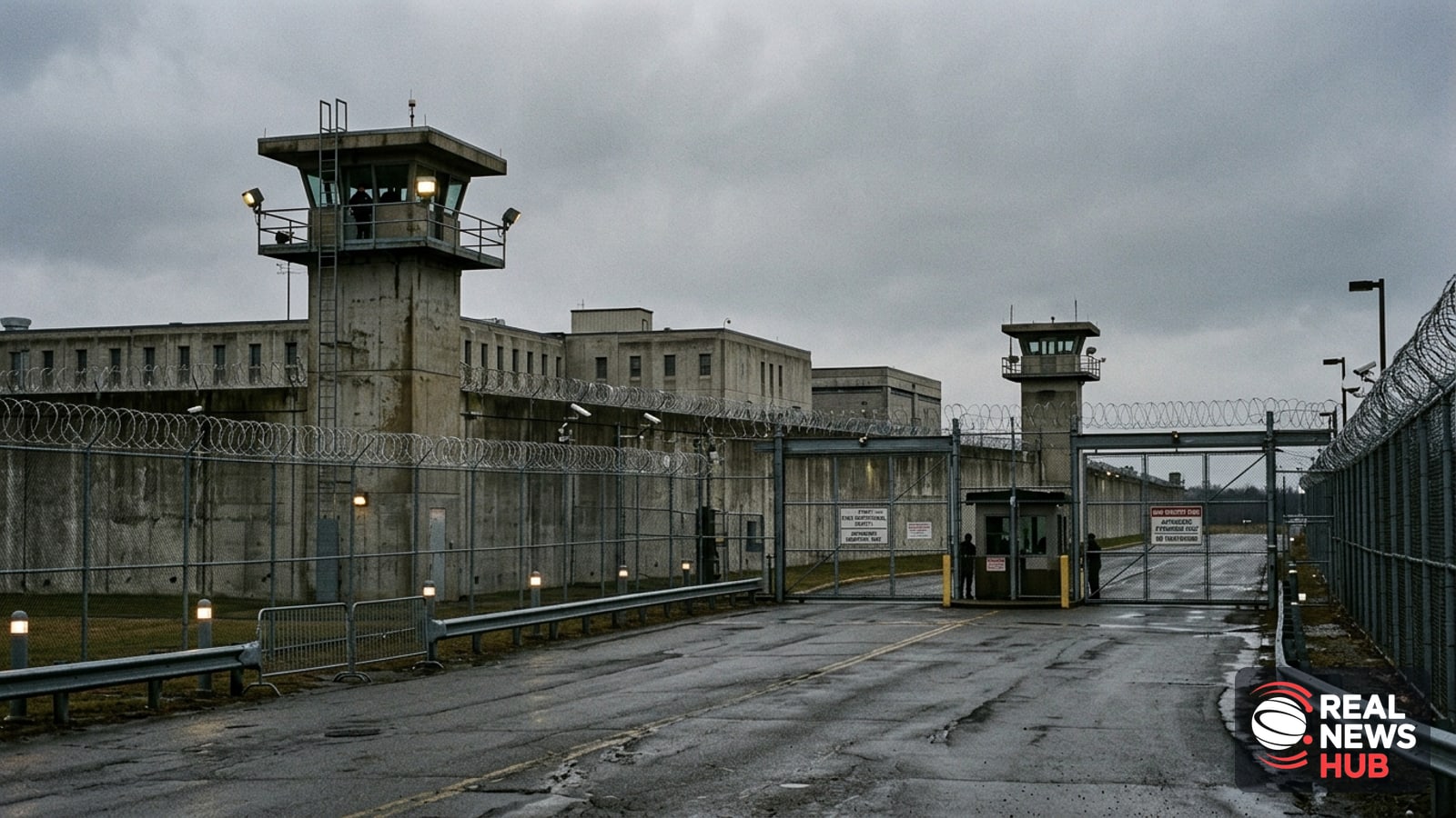 Exterior view of a maximum-security prison perimeter with razor wire fencing under an overcast sky.
