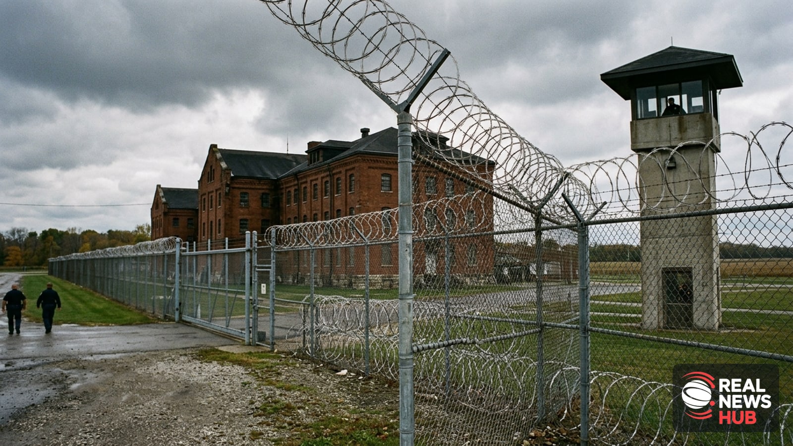 Exterior of a red brick maximum security state penitentiary behind chain-link fences and razor wire under an overcast sky.